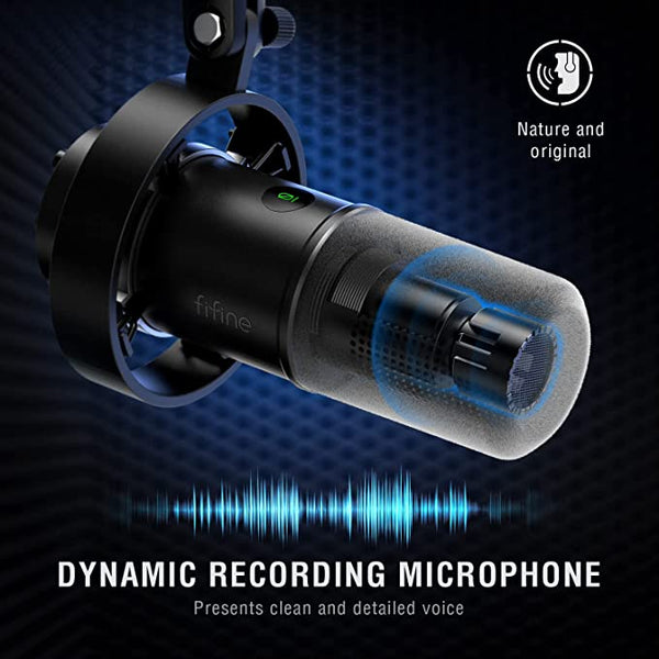 FIFINE K688 USB/XLR DYNAMIC MIC WITH SHOCK MOUNT, TOUCH-MUTE, HEADPHONE JACK, I/O CONTROLS FOR PODCASTING